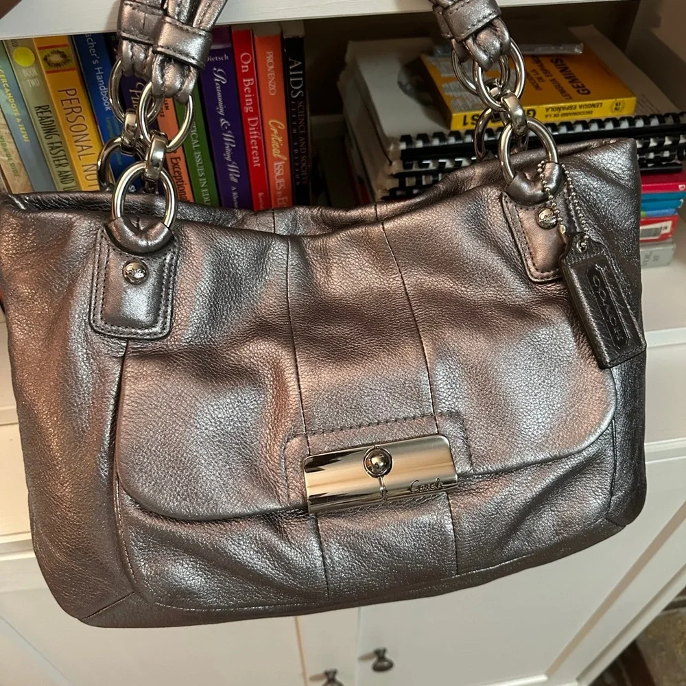 COACH Metallic Silver Leather Tote Bag with Chain Detail